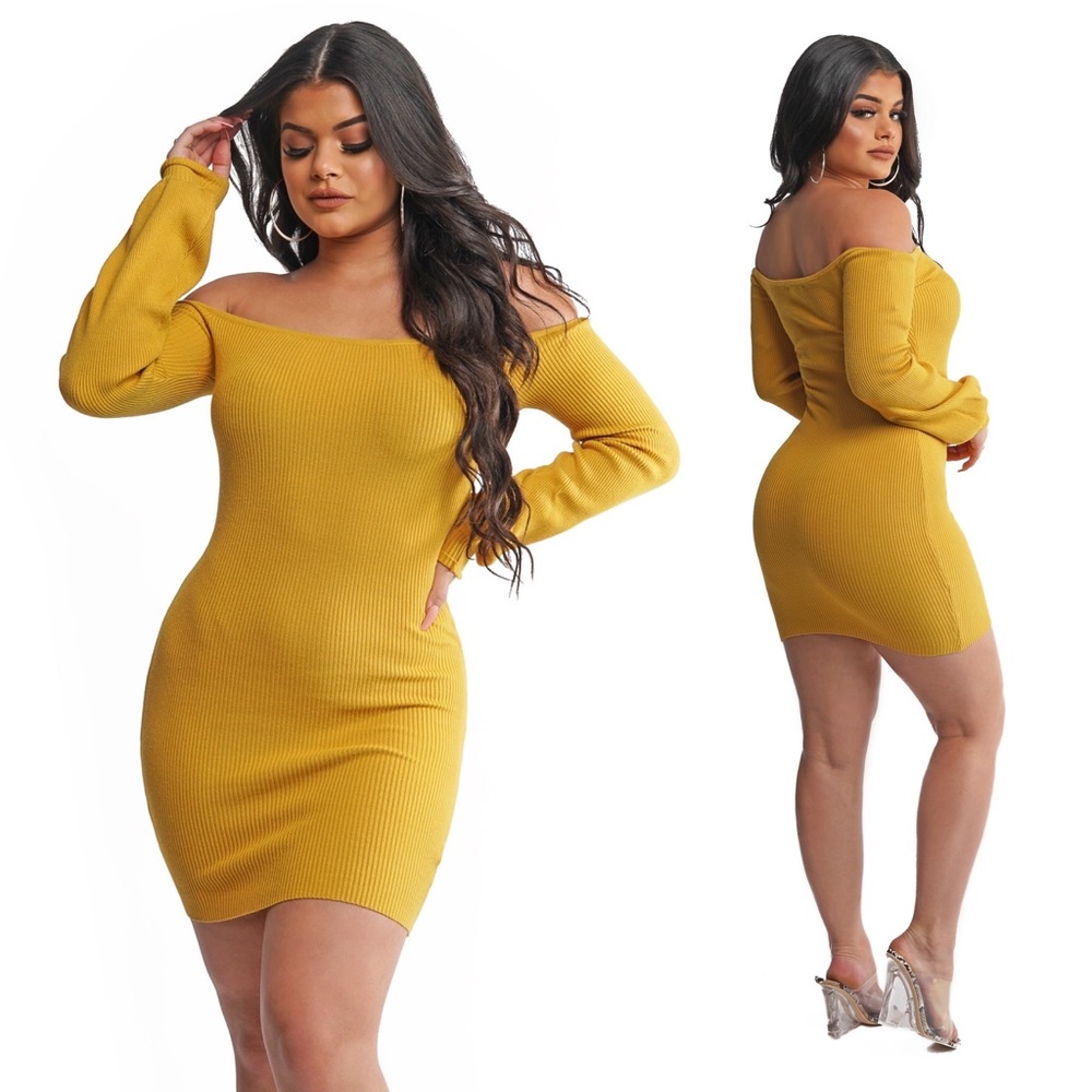 Mustard Off Shoulder Long Sleeve Mini Dress